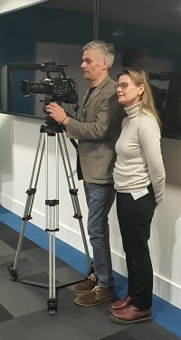 Paul Angell and Sophie Aldred at a Clapperton Media session