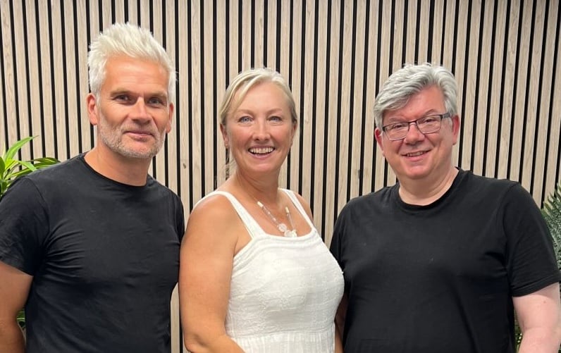 Paul Angell, Martine Croxall and Guy Clapperton at a client's site in 2026